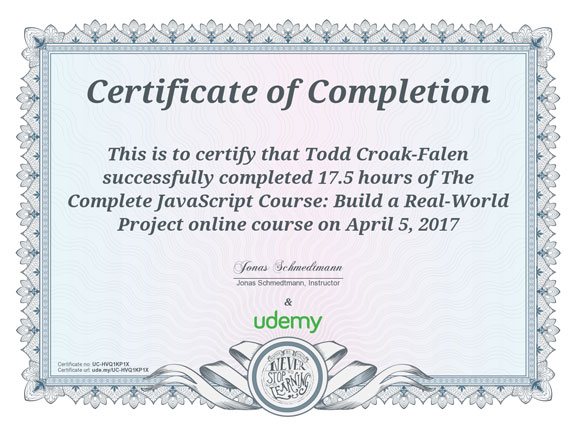 The Complete JavaScript Course certificate