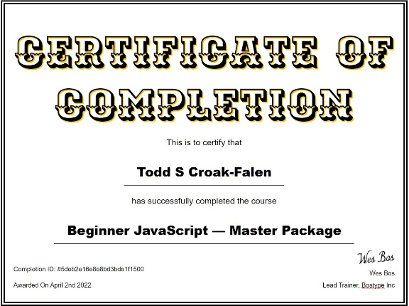 Wes Bos Beginner JavaScript certificate